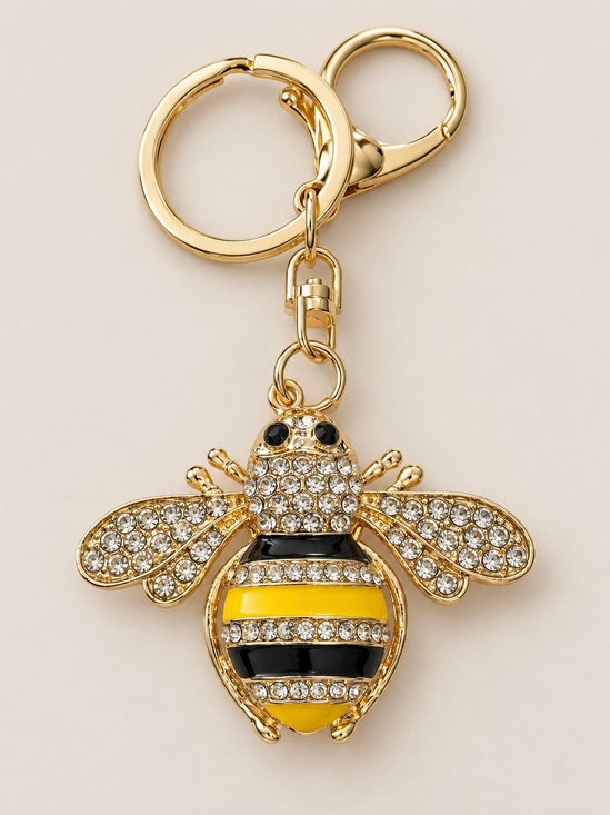 None Accessories - Rhinestone Bumble Bee Keychain Yellow Black Gold Bag Purse Charm Bling Boho Y2K